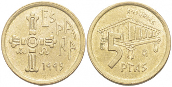 Испания 5 песет 1995 Хуан Карлос I (1975-2014), Астурия (ASTURIAS), крест KM 946 алюминиевая бронза 4549-568
