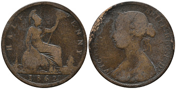 Великобритания 1/2 пенни 1862 Виктория (1837-1901) KM 748.2, Spink 3956 бронза 34-945