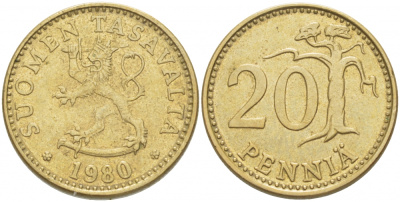 ФИНЛЯНДИЯ 20 ПЕННИ 1980 K KM 47 алюминиевая бронза 3718-653