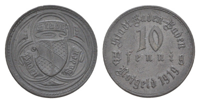 Баден-Баден 10 пфеннигов 1919 Funck 26.1, Men05 1200.1, Men18 1558.1 цинк 4636-829