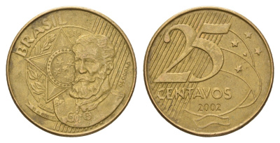 Бразилия 25 сентаво 2002 KM 650 сталь плакированная латунью 4688-144