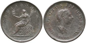 Великобритания 1/2 пенни 1806 Георг III (1760-1820) KM 662, Spink 3781 медь 32-412