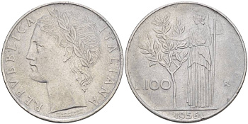 ИТАЛИЯ 100 ЛИР 1956 R, АФИНА У ОЛИВКОВОГО ДЕРЕВА KM 96.1 нержавеющая сталь 4545-621