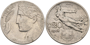 Италия 20 чентезимо 1908 R KM 44 никель 51-312