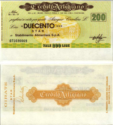 Италия чек на 200 лир 1977 10 октября 1977, IL credito artigiano, Milano бумага UNC (пресс) 7204-50-1-1