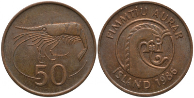 Исландия 50 эйре 1986 КРЕВЕТКА KM 26а сталь плакированная бронзой 181-634