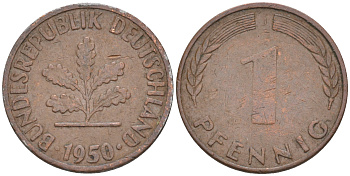 ФРГ 1 пфенниг 1950 J KM 105, J.380 сталь плакированная медью 187-855