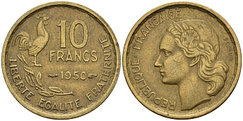 Франция 10 франков 1950 петух KM 915.1, Le Franc 363.2 алюминиевая бронза 4142-1244