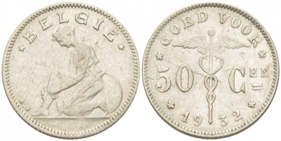 БЕЛЬГИЯ 50 САНТИМОВ 1932 BELGIE KM 88 никель 261-1169
