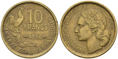 Франция 10 франков 1950 петух KM 915.1, Le Franc 363.2 алюминиевая бронза 4142-1244