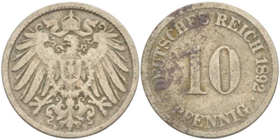 ГЕРМАНИЯ 10 ПФЕННИГОВ 1892 D KM 12, J. 13 медно-никель 4401-936