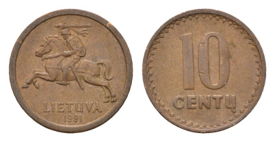 Литва 10 центов (сентов) 1991 год-тип KM 88 бронза 4689-1058