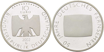 ФРГ 10 евро 2002 G, 50 лет немецкому телевидению KM 219, DE. S. 10.5 серебро PROOF 413-5012