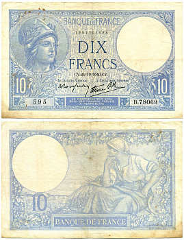 ФРАНЦИЯ 10 ФРАНКОВ 1940 24 ОКТЯБРЯ 1940, МИНЕРВА Pick 84 бумага VF-XF 7217-72-2