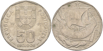 Португалия 50 эскудо 1987 парусник KM 636 медно-никель 4572-1124