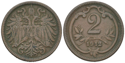 Австрия 2 геллера 1912 Франц Иосиф I (1848-1916) KM 2801 бронза 192-145