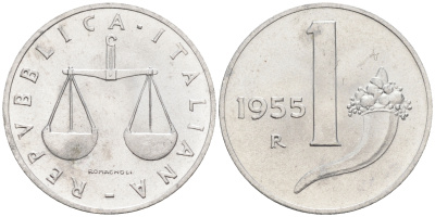 Италия 1 лира 1955 R, весы KM 91 алюминий  UNC  4594-154