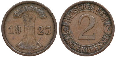 Германия 2 рентенпфеннига 1923 A - Берлин KM 31 бронза 4173-644
