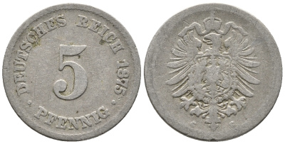 Германия 5 пфеннигов 1875 C, старогербовка KM 3, Jager 3, Weege 5 медно-никель 39-341