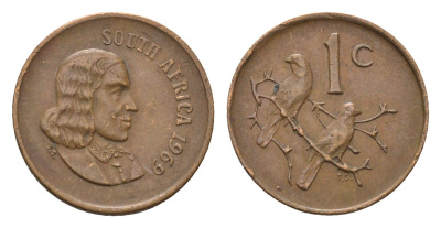 ЮАР 1 цент 1969 Ян ван Рибек (1619-1677), South Africa, легенда на африкаанс, капские воробьи KM 65.1 бронза 4690-1157