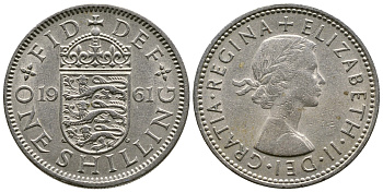 Великобритания 1 шиллинг 1961 Елизавета II (1952-2022), Английский герб KM 904, Spink 4147 медно-никель 4179-1042