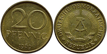 ГДР 20 пфеннигов 1969 А, первый год KM 11 латунь UNC 73-1021