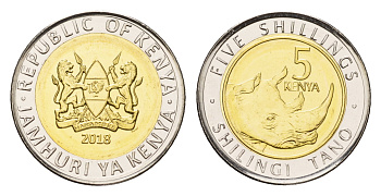 Кения 5 шиллингов 2018 носорог KM 46 биметалл  UNC  M23-18