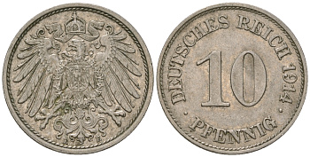 Германия 10 пфеннигов 1914 E KM 12, J. 13 медно-никель 4589-616