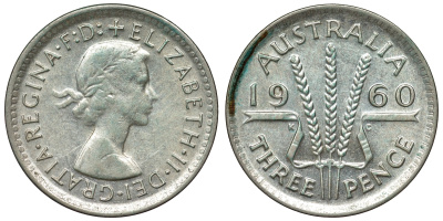 Австралия 3 пенса 1960 m, Елизавета II (1952-2022) KM 57 серебро 71-649