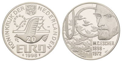 Нидерланды 20 евро 1998 100 лет со дня рождения Маурица Корнелиса Эшера X 152 серебро PROOF 443-1414