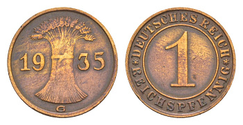 Германия 1 рейхспфенниг 1935 G KM 37, J. 313 бронза 4636-412