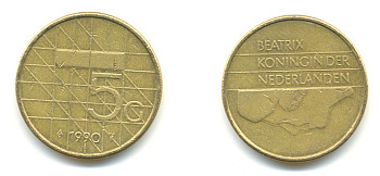 Нидерланды 5 гульденов 1990 Беатрикс (1980-2013) KM 210 никель плакированный бронзой 84-1031