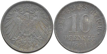 ГЕРМАНИЯ 10 ПФЕННИГОВ 1921 (1917-1922) KM 26, J. 299, Weege 8 цинк 210-315