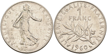 Франция 1 франк 1960 сеятель KM 925, Le Franc 226.5 никель 4566-812