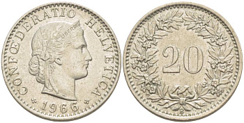 ШВЕЙЦАРИЯ 20 РАППЕНОВ 1966 В KM 29а медно-никель 4511-935
