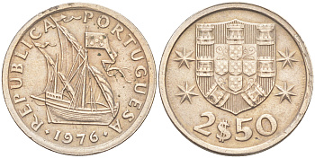 ПОРТУГАЛИЯ 2,5 ЭСКУДО 1976 ПАРУСНИК KM 590 медно-никель 3309-951