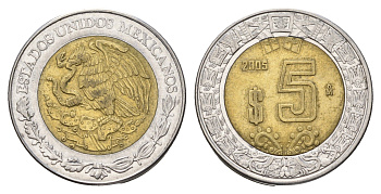 Мексика 5 песо 2005 KM 605 биметалл 4675-314