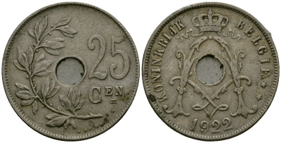 Бельгия 25 сантимов 1922 Belgie KM 69 медно-никель 4165-833