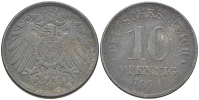 ГЕРМАНИЯ 10 ПФЕННИГОВ 1921 (1917-1922) KM 26, J. 299, Weege 8 цинк 210-315