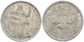 Французская Новая Каледония 2 франка 1983 птица кагу, (IEOM) KM 14, Schoen 11, Lec 63 алюминий    27-652