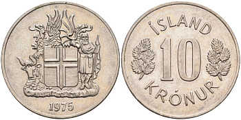 Исландия 10 крон 1975 KM 15 медно-никель UNC 4126-1011