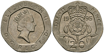 Великобритания 20 пенсов 1995 Елизавета II (1952-2022) KM 939, Spink 4361 (G2) медно-никель 4544-126