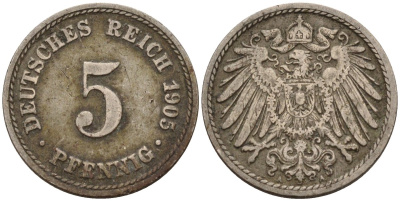 Германия 5 пфеннигов 1905 J KM 11, J. 12 медно-никель 4151-447