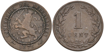 Нидерланды 1 цент 1878 Виллем III (1849-1890) KM 107 бронза 4576-531