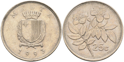 Мальта 25 центов 1993 шиповник вечнозелёный KM 97 медно-никель 219-1056