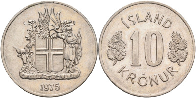 Исландия 10 крон 1975 KM 15 медно-никель UNC 4126-1011