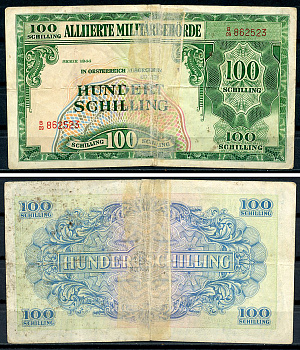 Австрия, Союзные военные власти 100 шиллингов 1944 Allierte Militaerbehoerde Pick 110 a (1), Кардаков 275.3.9  бумага   437-71-2-2