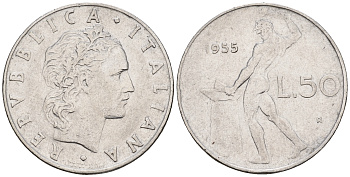 Италия 50 лир 1955 R, бог огня Вулкан у наковальни KM 95.1 нержавеющая сталь 259-131