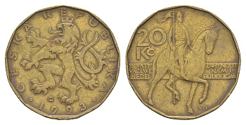 Чехия 20 крон 1993 чешский лев, герцог Вацлав на коне KM 5 сталь плакированная латунью 4514-752