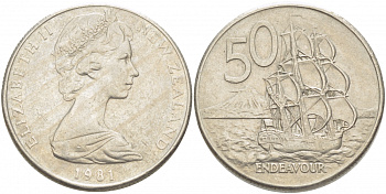 Новая Зеландия 50 центов 1981 Елизавета II (1952-2022), парусник Индевор KM 37.1 медно-никель 215-213